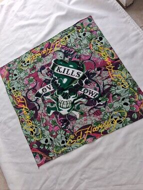 Ed Hardy Vintage " Love Kills Slowly" Green, Pink, Yellow Skull Bandana Scarf